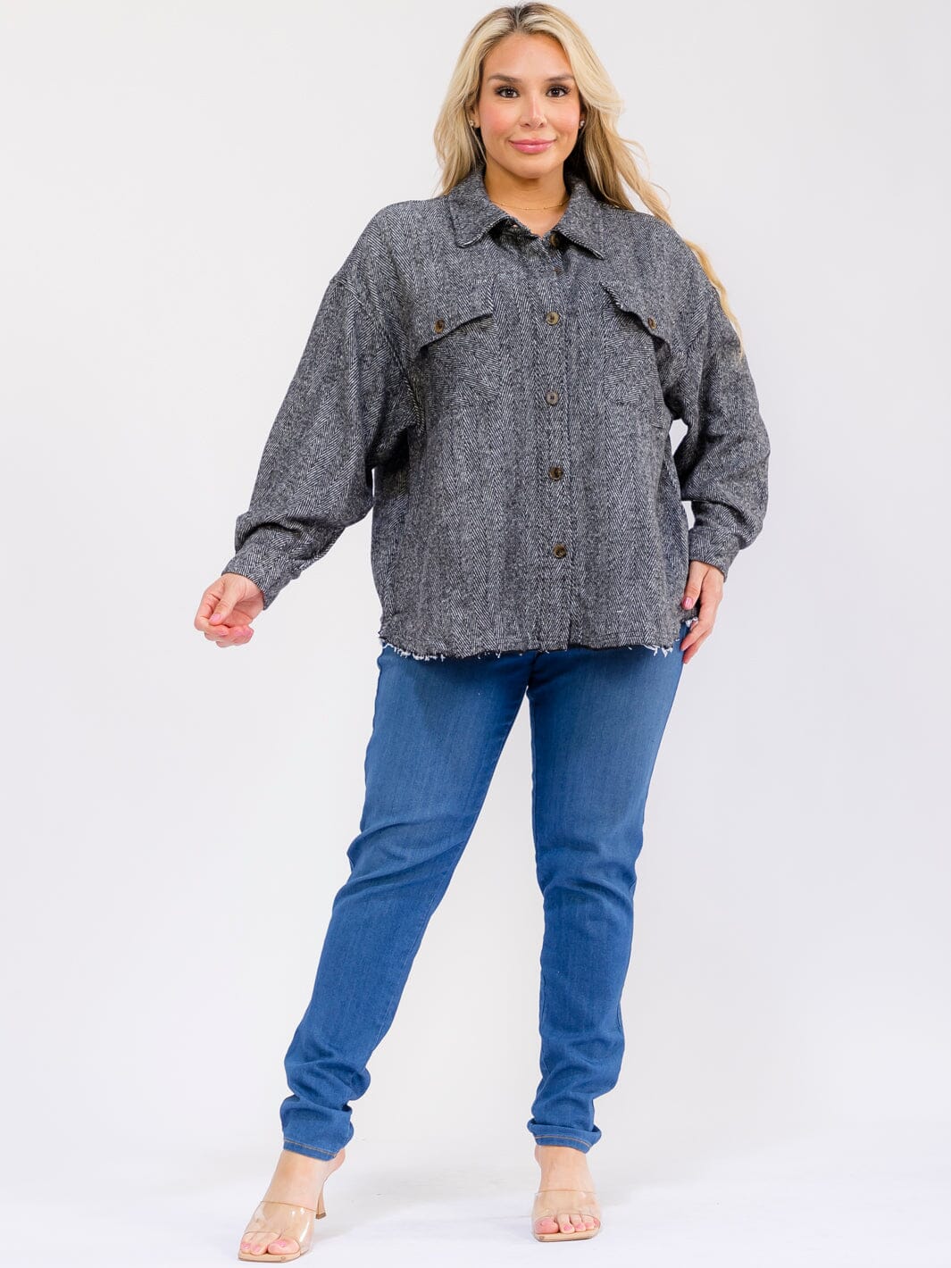 PLUS SIZE LONG SLEEVE BUTTON UP FRONT POCKETS JACKET