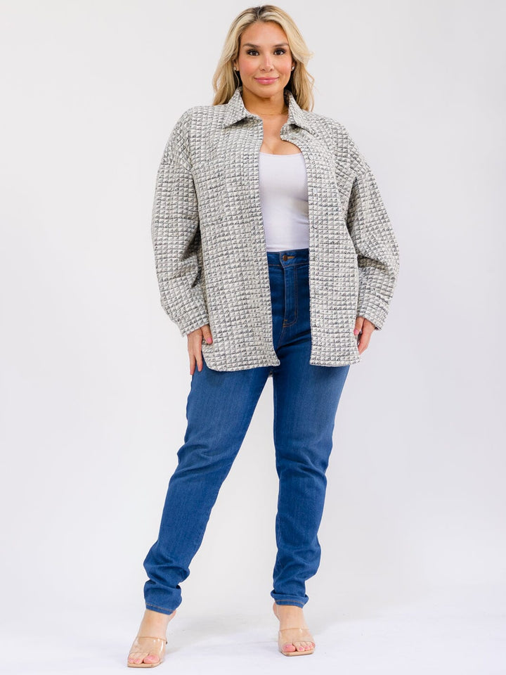 PLUS SIZE LONG SLEEVE BUTTON UP FRONT POCKETS SHIMMER TWEED JACKET