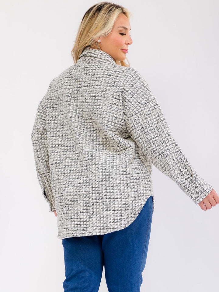 PLUS SIZE LONG SLEEVE BUTTON UP FRONT POCKETS SHIMMER TWEED JACKET