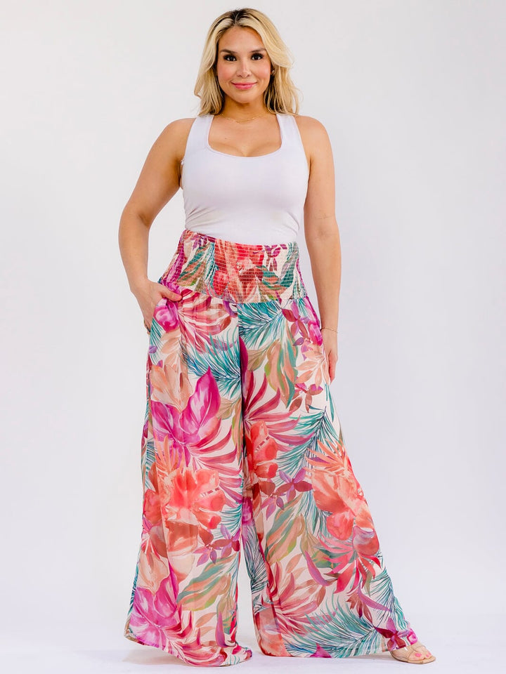 PLUS SIZE ELASTIC WAIST FRONT POCKETS FLORAL WIDE LEG PALAZZO PANTS