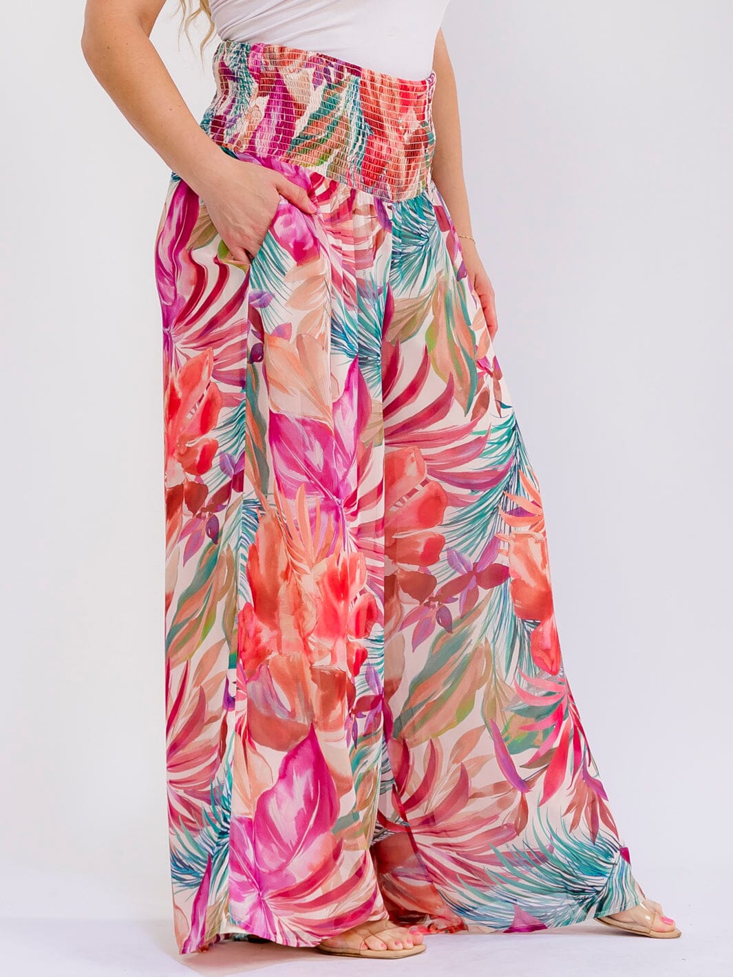 PLUS SIZE ELASTIC WAIST FRONT POCKETS FLORAL WIDE LEG PALAZZO PANTS