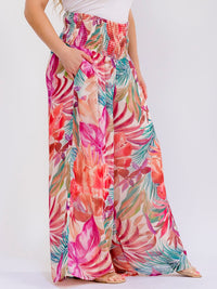 PLUS SIZE ELASTIC WAIST FRONT POCKETS FLORAL WIDE LEG PALAZZO PANTS