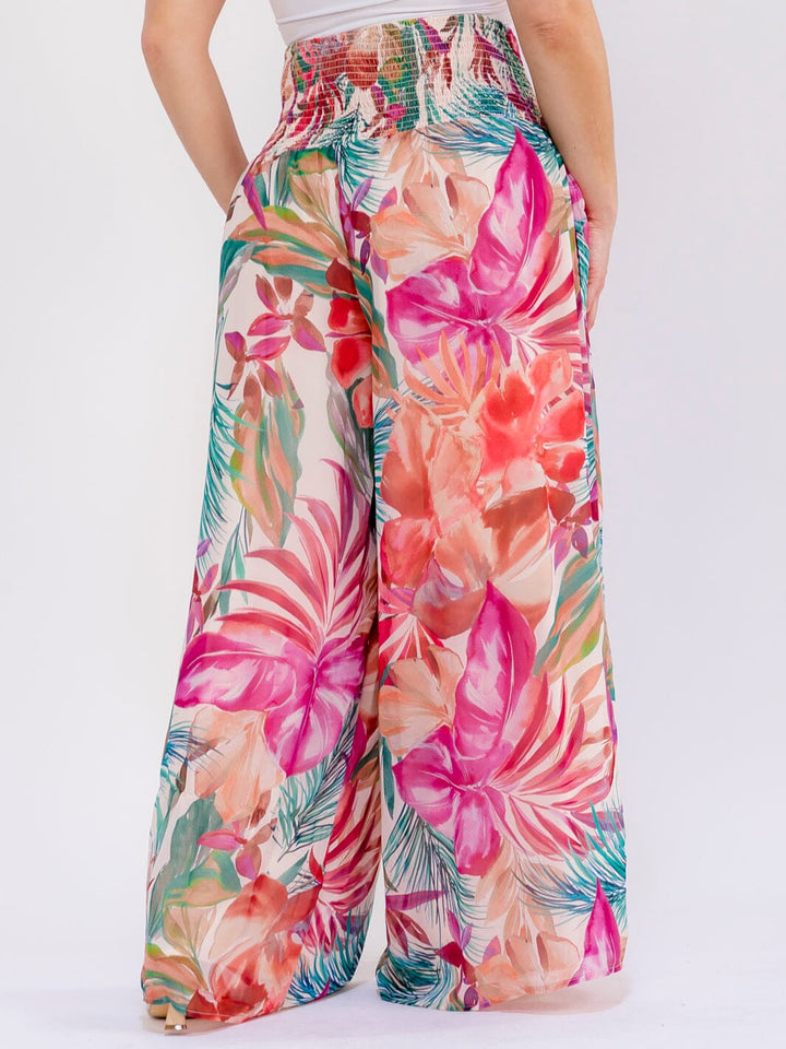 PLUS SIZE ELASTIC WAIST FRONT POCKETS FLORAL WIDE LEG PALAZZO PANTS