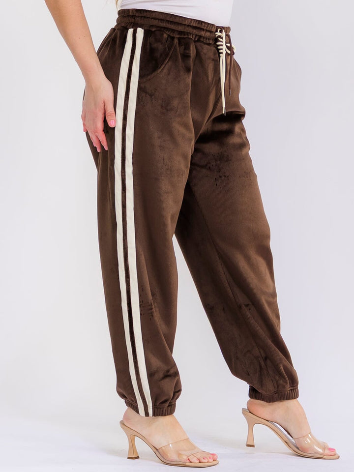 PLUS SIZE ELASTIC WAIST FRONT POCKETS JOGGER LEG RIBBED PANTS