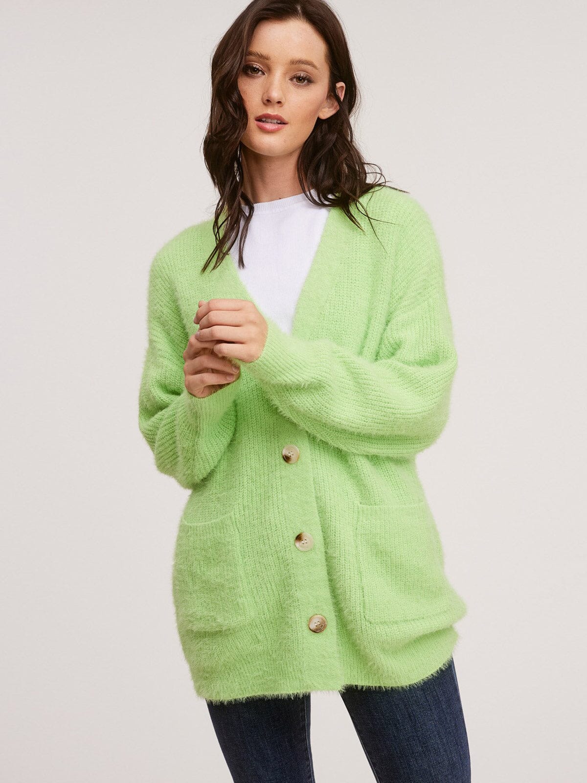 WOMENS LONG SLEEVE BUTTON CLOSURE FUZZY CARDIGAN