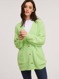 WOMENS LONG SLEEVE BUTTON CLOSURE FUZZY CARDIGAN