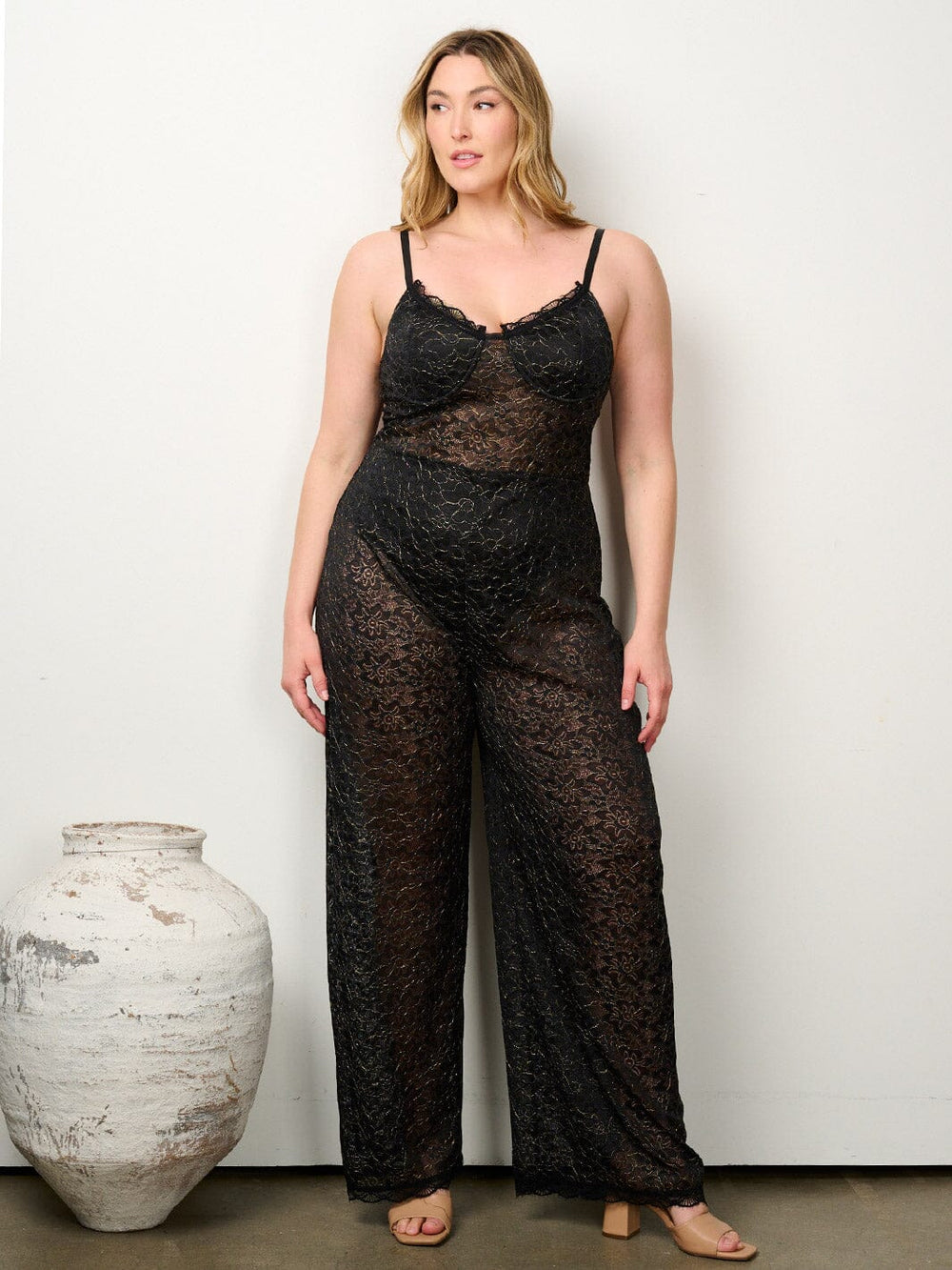 PLUS SIZE SLEEVELESS V-NECK ALL OVER LACE WIDE LEG JUMPSUIT