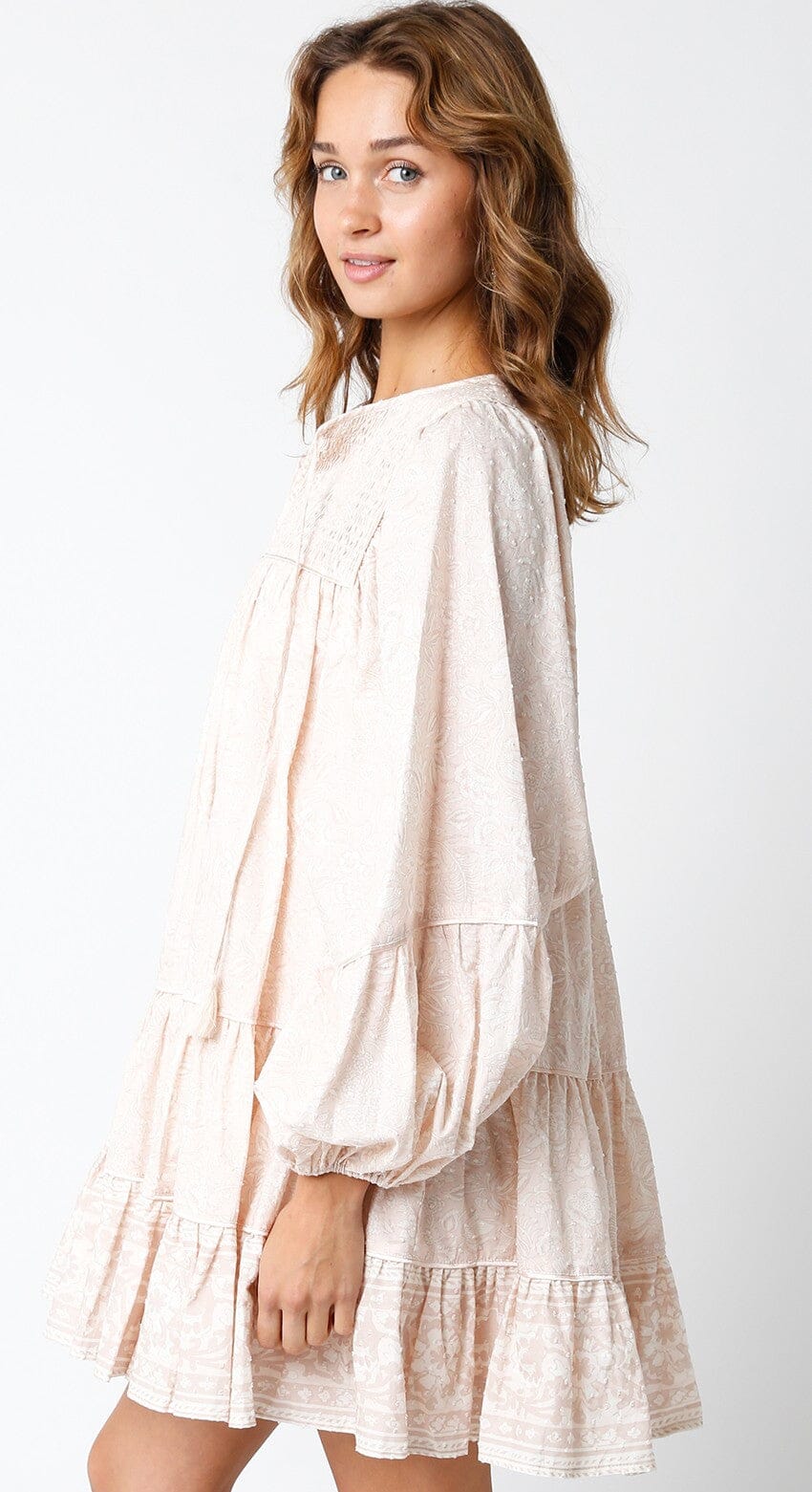 WOMEN'S LONG SLEEVE V-NECK SMOCK FLORAL SWISS TIERED MINI DRESS