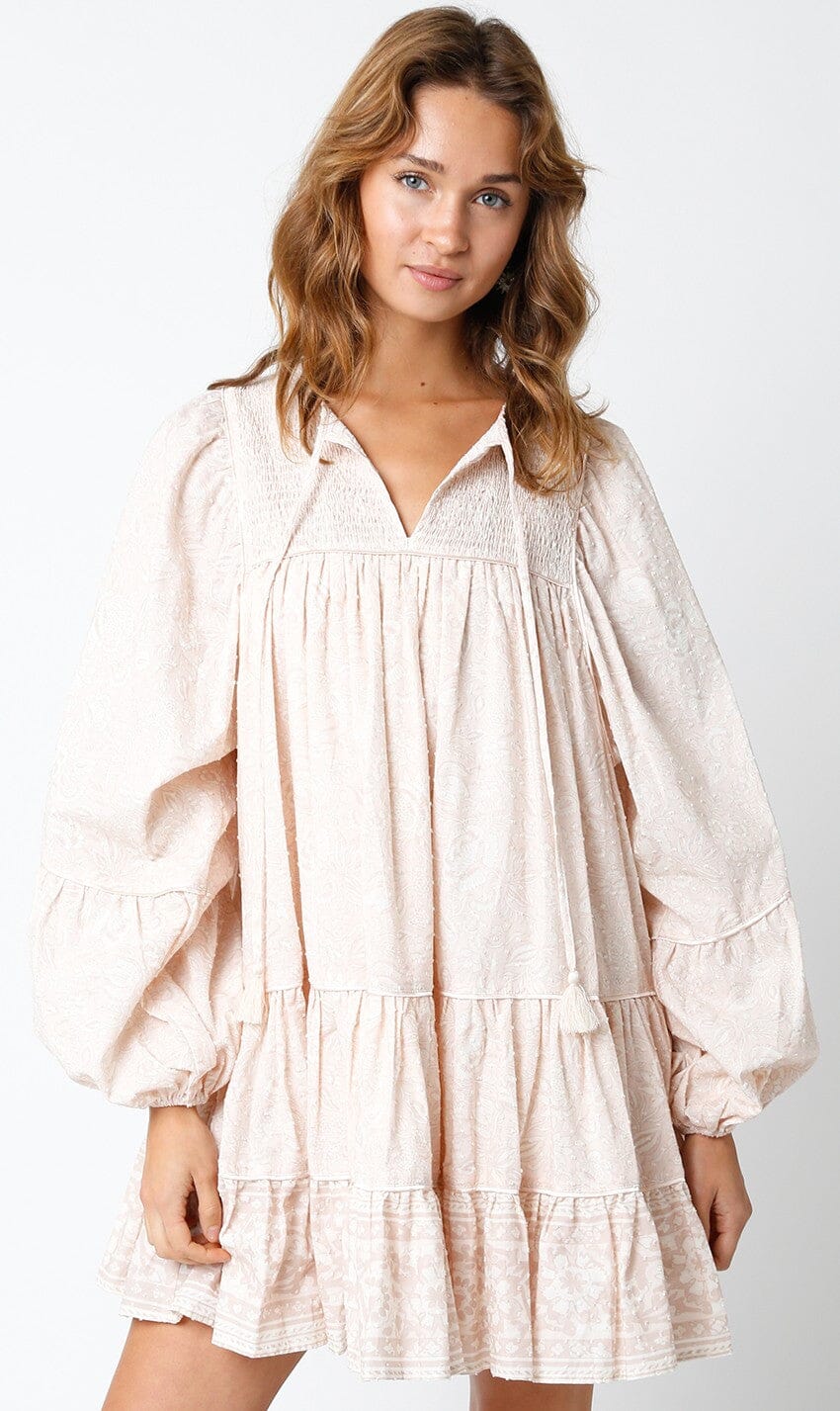 WOMEN'S LONG SLEEVE V-NECK SMOCK FLORAL SWISS TIERED MINI DRESS