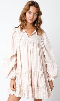 WOMEN'S LONG SLEEVE V-NECK SMOCK FLORAL SWISS TIERED MINI DRESS