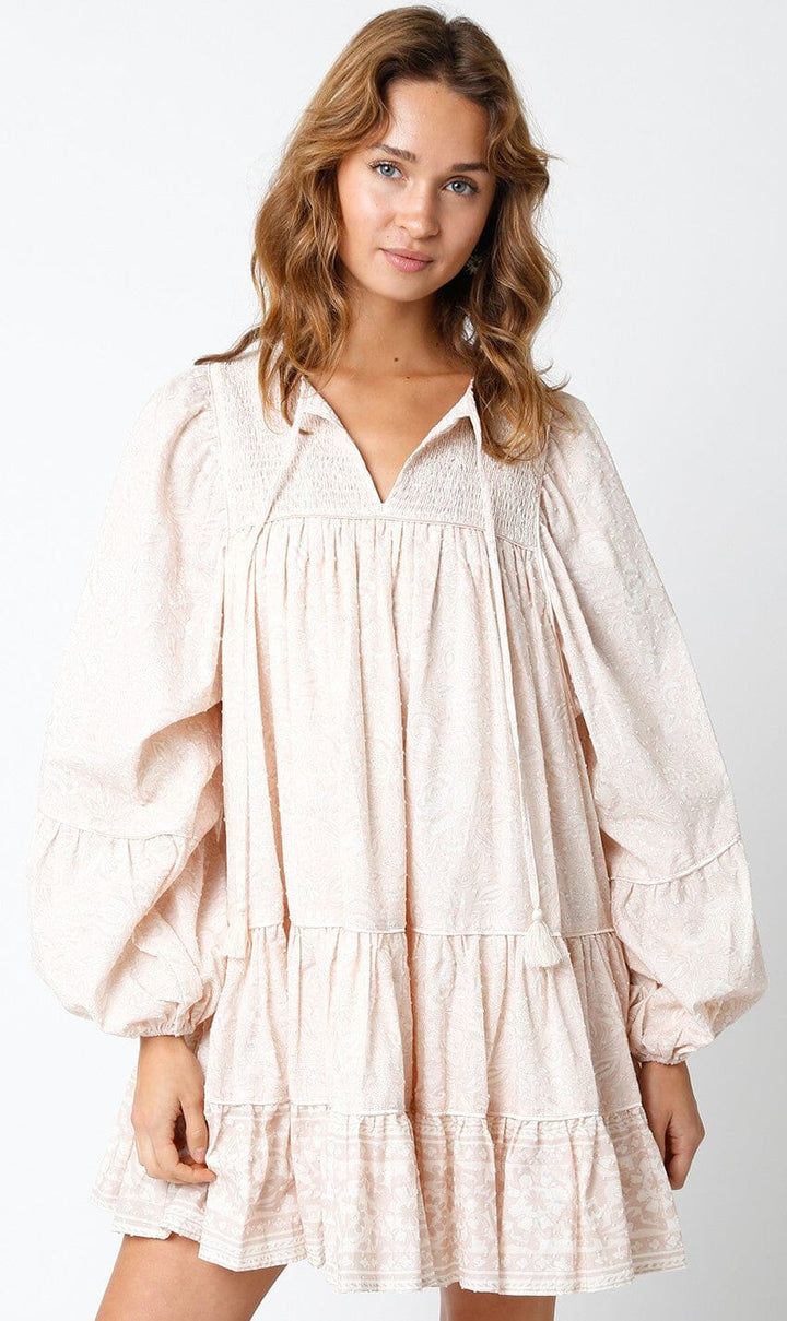 WOMEN'S LONG SLEEVE V-NECK SMOCK FLORAL SWISS TIERED MINI DRESS