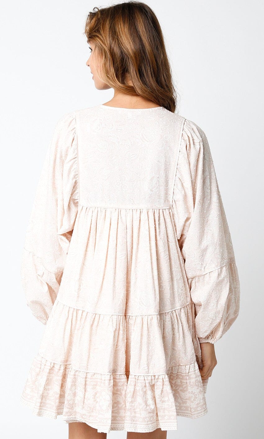 WOMEN'S LONG SLEEVE V-NECK SMOCK FLORAL SWISS TIERED MINI DRESS