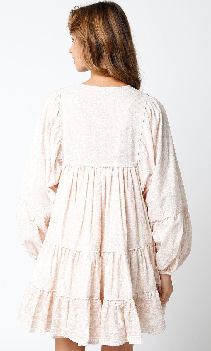 WOMEN'S LONG SLEEVE V-NECK SMOCK FLORAL SWISS TIERED MINI DRESS