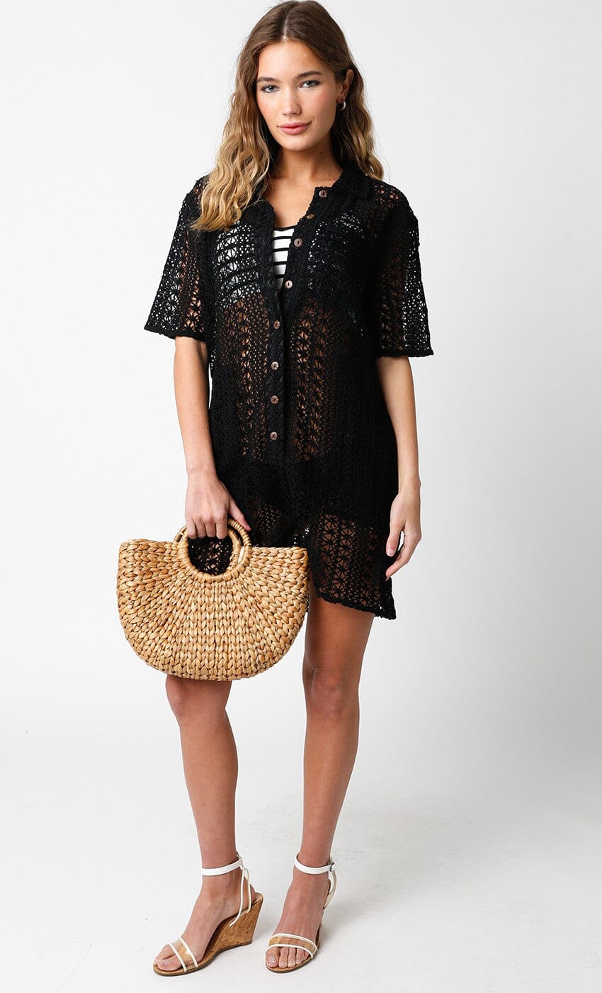 WOMEN'S SHORT SLEEVE FRONT POCKET BUTTON UP COVER UP CROCHET MINI DRESS