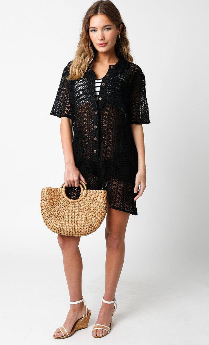 WOMEN'S SHORT SLEEVE FRONT POCKET BUTTON UP COVER UP CROCHET MINI DRESS