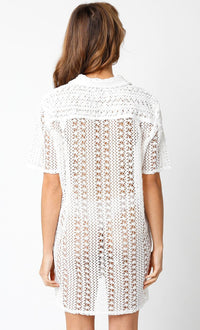 WOMEN'S SHORT SLEEVE FRONT POCKET BUTTON UP COVER UP CROCHET MINI DRESS