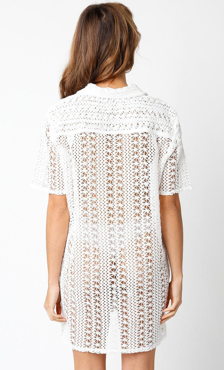 WOMEN'S SHORT SLEEVE FRONT POCKET BUTTON UP COVER UP CROCHET MINI DRESS