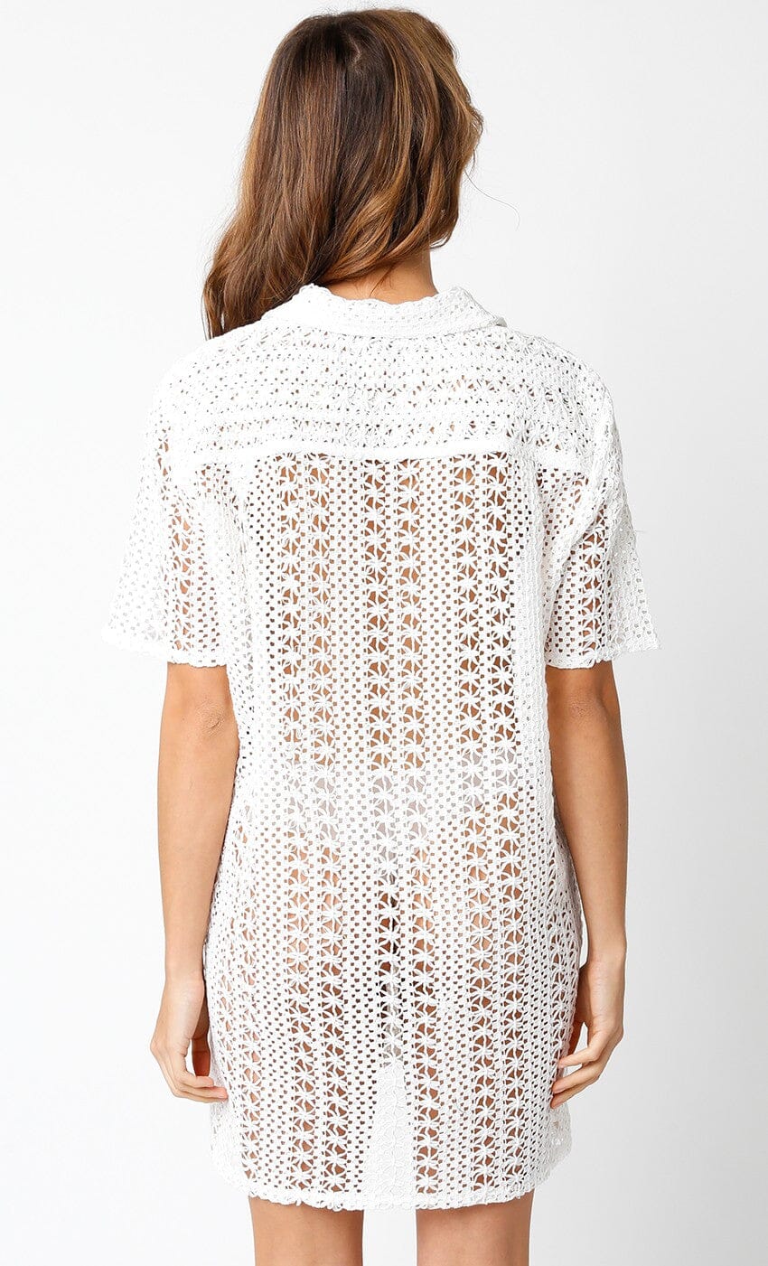 WOMEN'S SHORT SLEEVE FRONT POCKET BUTTON UP COVER UP CROCHET MINI DRESS White / 2S-2M-1L