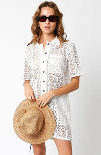 WOMEN'S SHORT SLEEVE FRONT POCKET BUTTON UP COVER UP CROCHET MINI DRESS