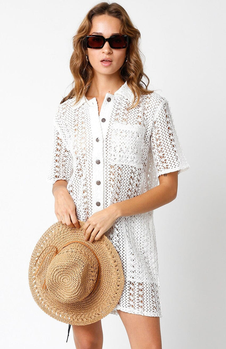 WOMEN'S SHORT SLEEVE FRONT POCKET BUTTON UP COVER UP CROCHET MINI DRESS