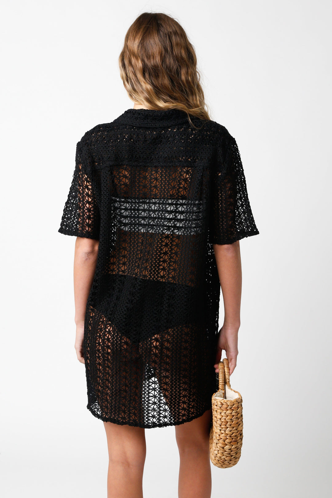 WOMEN'S SHORT SLEEVE FRONT POCKET BUTTON UP COVER UP CROCHET MINI DRESS