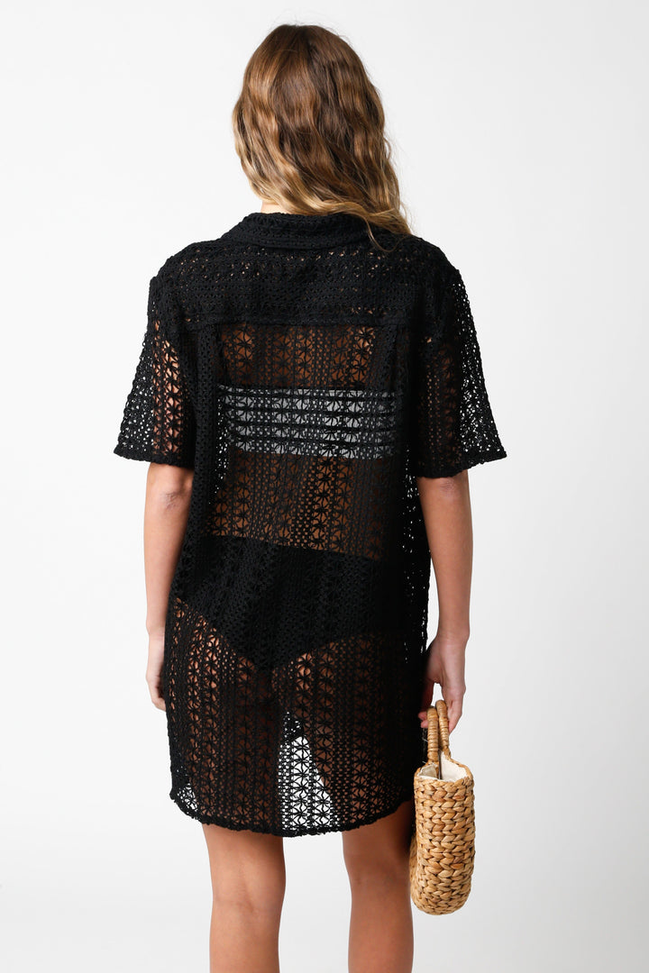 WOMEN'S SHORT SLEEVE FRONT POCKET BUTTON UP COVER UP CROCHET MINI DRESS