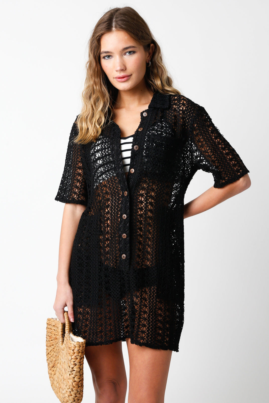 WOMEN'S SHORT SLEEVE FRONT POCKET BUTTON UP COVER UP CROCHET MINI DRESS