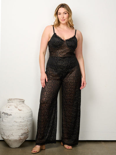 PLUS SIZE SLEEVELESS V-NECK ALL OVER LACE WIDE LEG JUMPSUIT