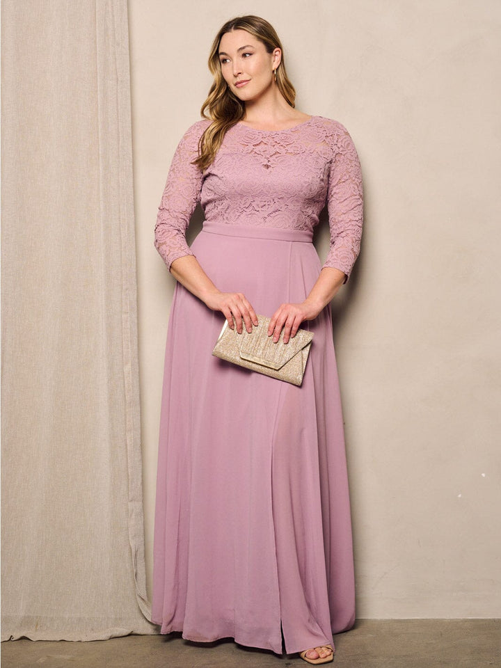 PLUS SIZE 3/4 LACE SLEEVES OPEN BACK GOWN MAXI DRESS