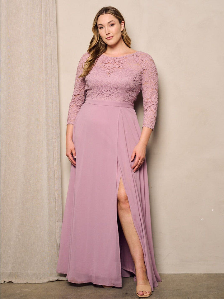 PLUS SIZE 3/4 LACE SLEEVES OPEN BACK GOWN MAXI DRESS