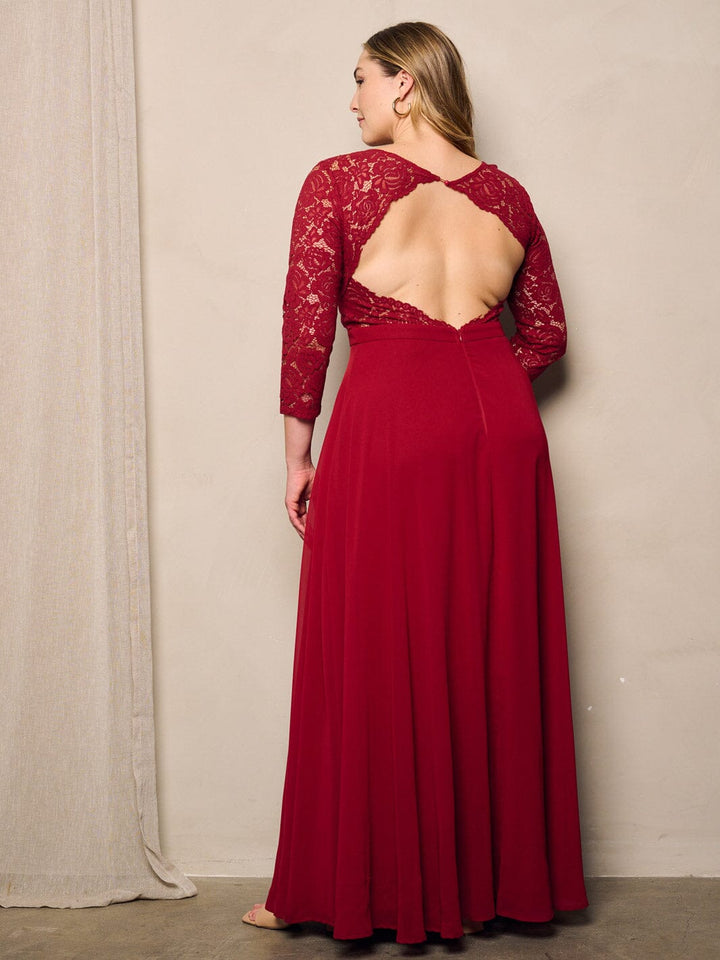 PLUS SIZE 3/4 LACE SLEEVES OPEN BACK GOWN MAXI DRESS