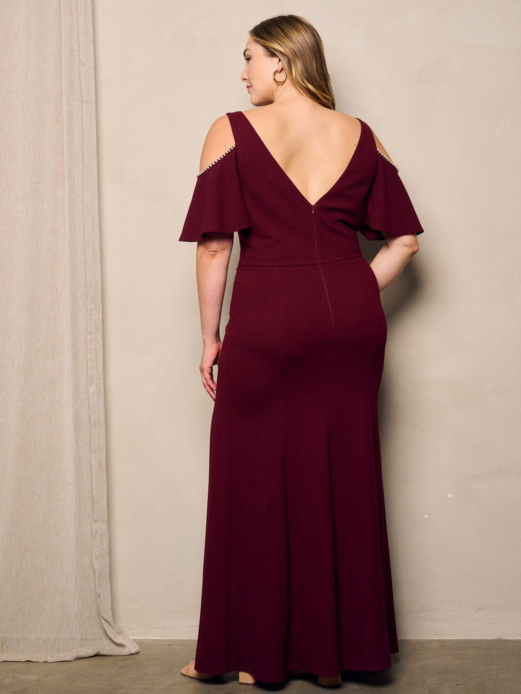 PLUS SIZE COLD SHOULDER SIDE SLIT BODYCON GOWN MAXI DRESS