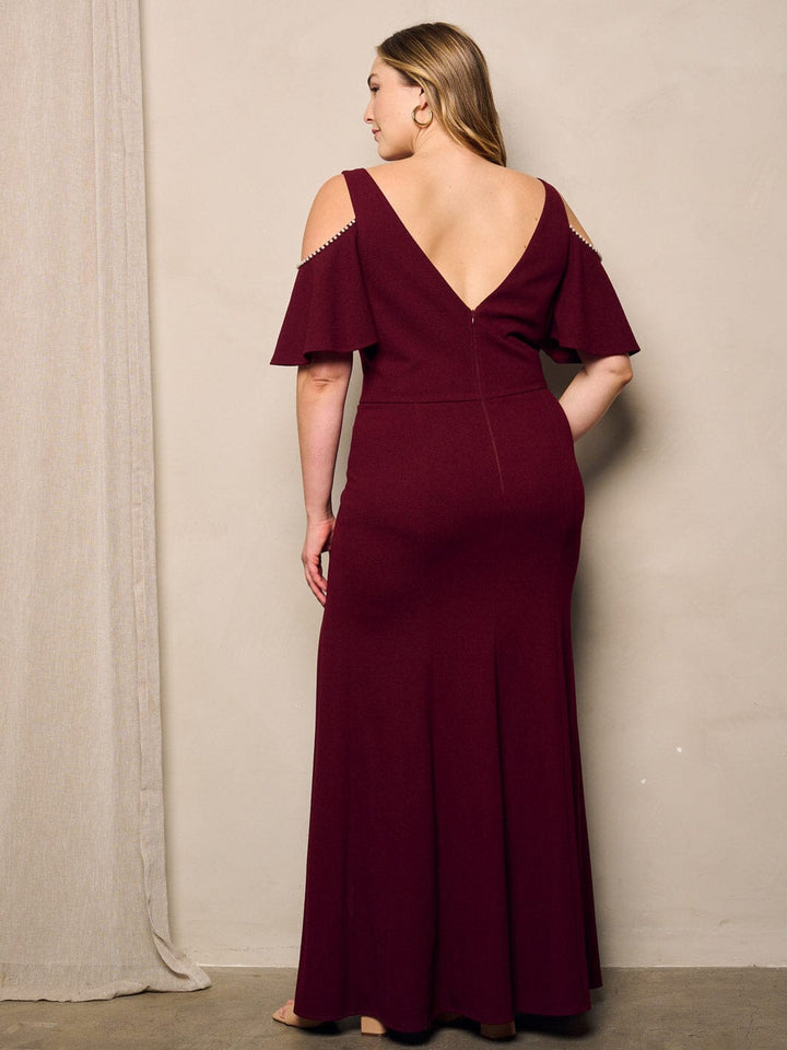 PLUS SIZE COLD SHOULDER SIDE SLIT BODYCON GOWN MAXI DRESS