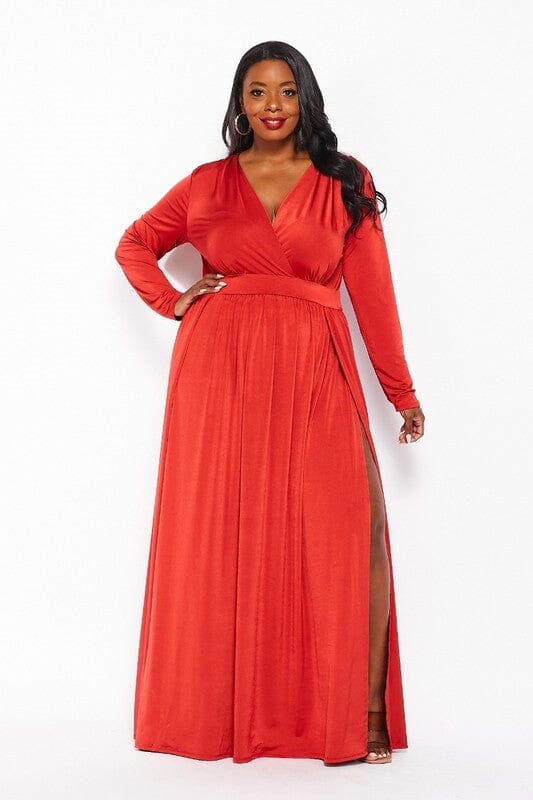 PLUS SIZE LONG SLEEVE SURPLICE SLIT MAXI DRESS