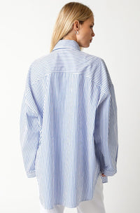 WOMEN'S LONG SLEEVE BUTTON UP FRONT POCKETS STRIPES OVERSIZED SHIRT