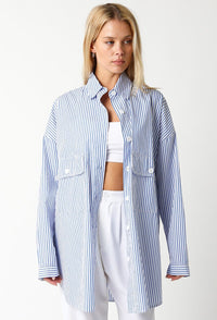 WOMEN'S LONG SLEEVE BUTTON UP FRONT POCKETS STRIPES OVERSIZED SHIRT