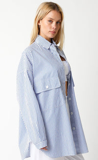 WOMEN'S LONG SLEEVE BUTTON UP FRONT POCKETS STRIPES OVERSIZED SHIRT