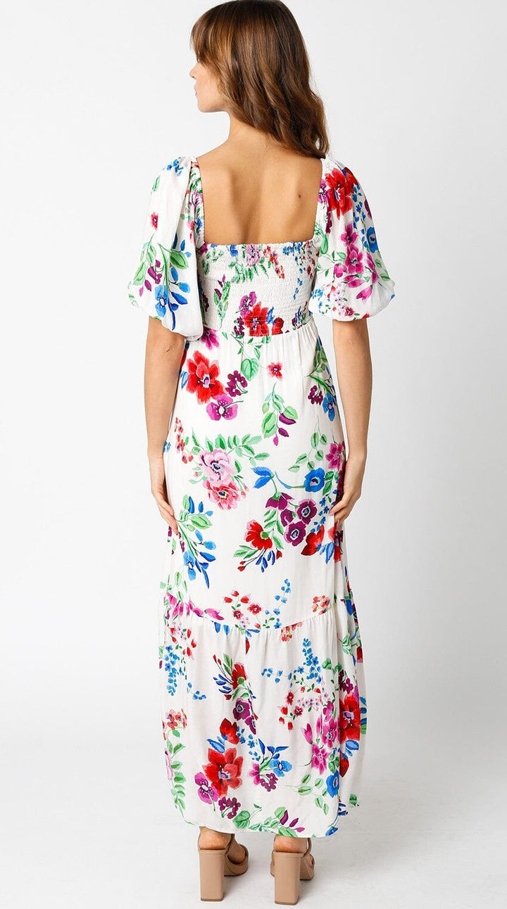 WOMEN'S SHORT SLEEVE SQUARE NECK SMOCK BUTTON UP LOOSE FIT TIERED FLORAL MAXI DRESS