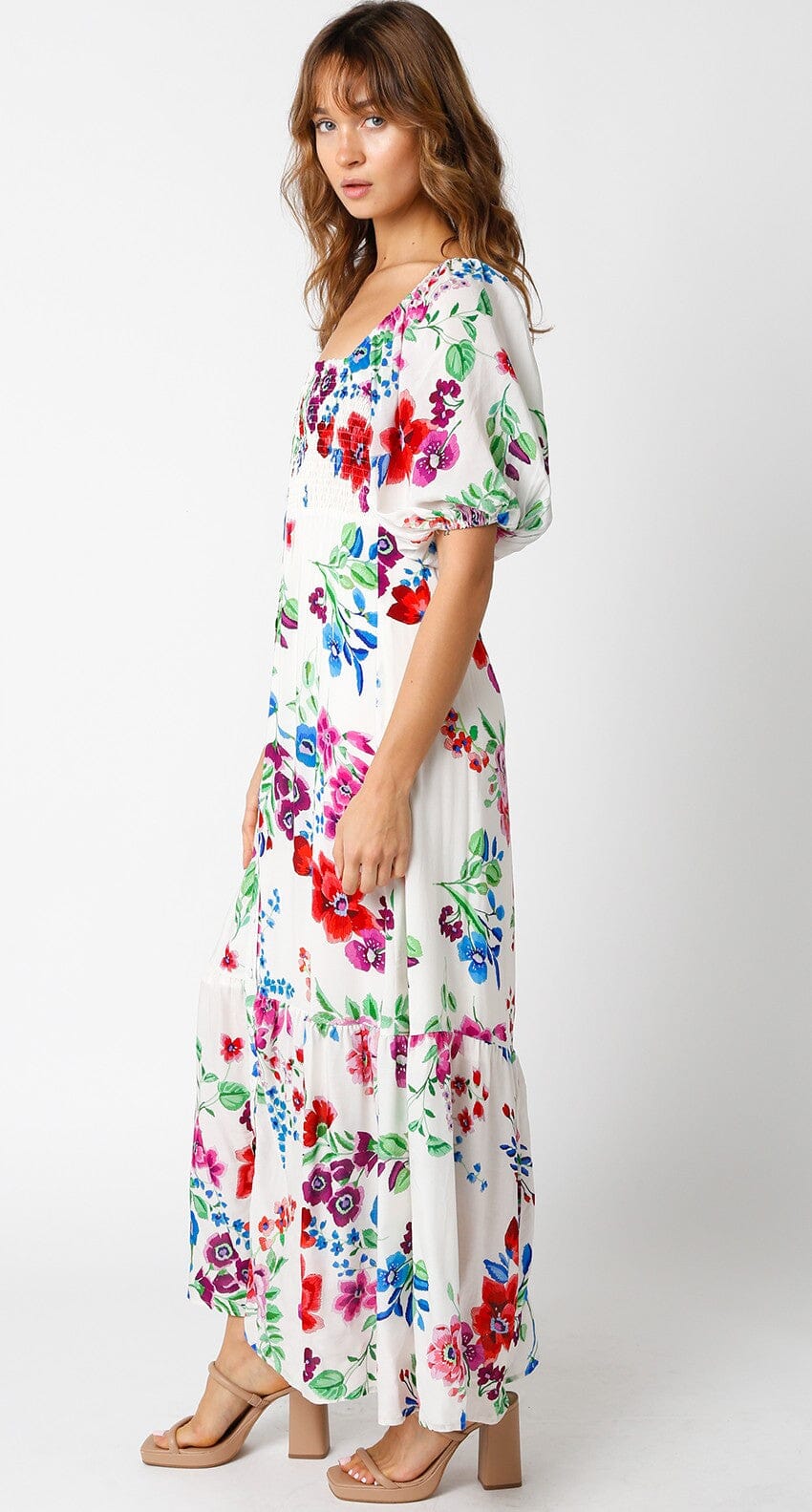 WOMEN'S SHORT SLEEVE SQUARE NECK SMOCK BUTTON UP LOOSE FIT TIERED FLORAL MAXI DRESS