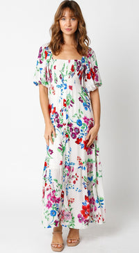 WOMEN'S SHORT SLEEVE SQUARE NECK SMOCK BUTTON UP LOOSE FIT TIERED FLORAL MAXI DRESS