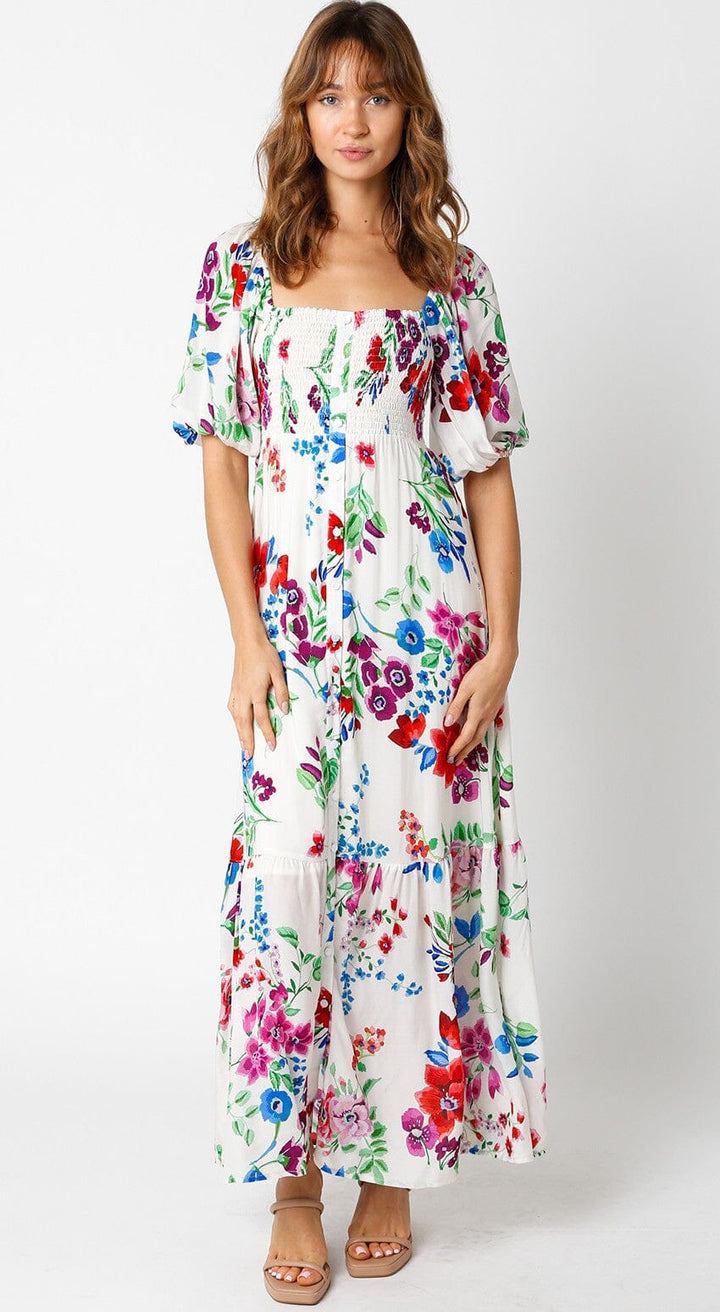 WOMEN'S SHORT SLEEVE SQUARE NECK SMOCK BUTTON UP LOOSE FIT TIERED FLORAL MAXI DRESS