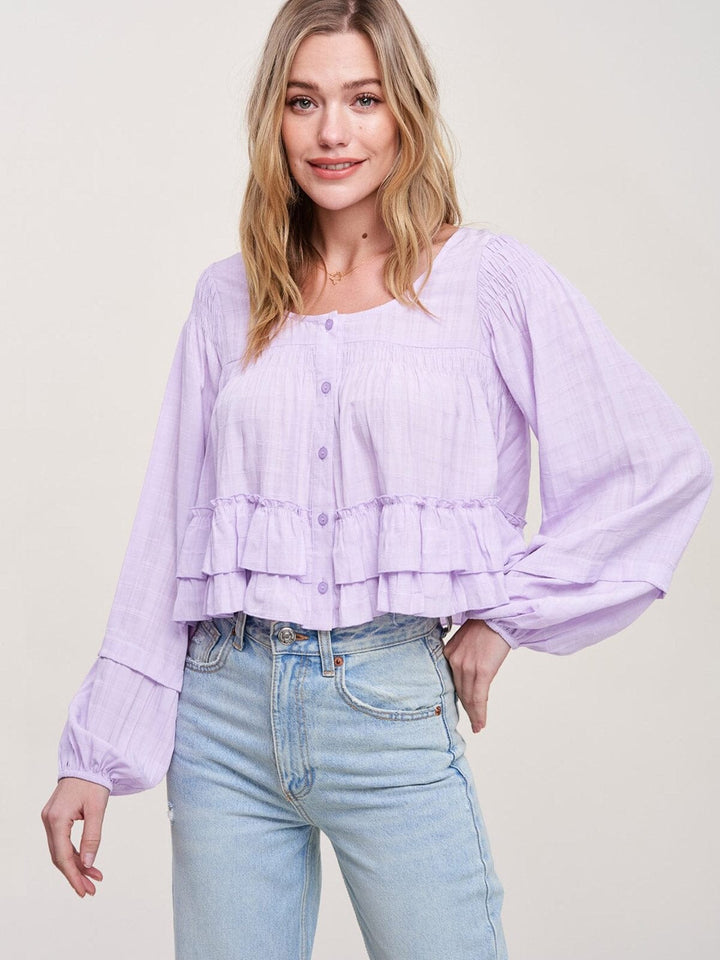 WOMENS LONG SLEEVE BUTTON UP RUFFLE BLOUSE TOP