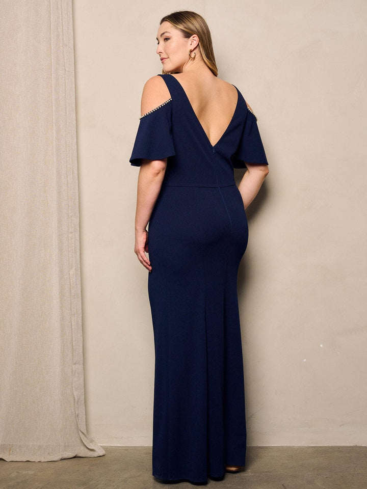 PLUS SIZE COLD SHOULDER SIDE SLIT BODYCON GOWN MAXI DRESS