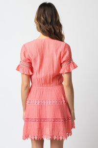 ******WOMEN'S SHORT SLEEVE V-NECK ELASTIC WAIST CROCHET DETAILED MINI DRESS