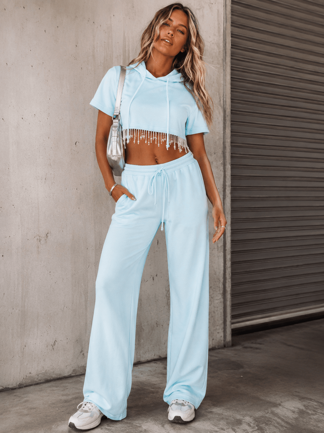 WOMEN'S SHORT SLEEVE HOODED CROP TOP & ELASTIC WAIST PANTS FRINGE STUDS 2PC. SET