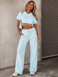 WOMEN'S SHORT SLEEVE HOODED CROP TOP & ELASTIC WAIST PANTS FRINGE STUDS 2PC. SET