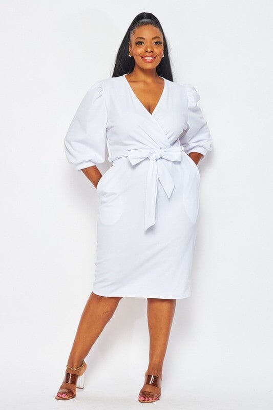 PLUS SIZE 3/4 PUFF SLEEVE SURPLICE SELF TIE POCKETS MIDI DRESS
