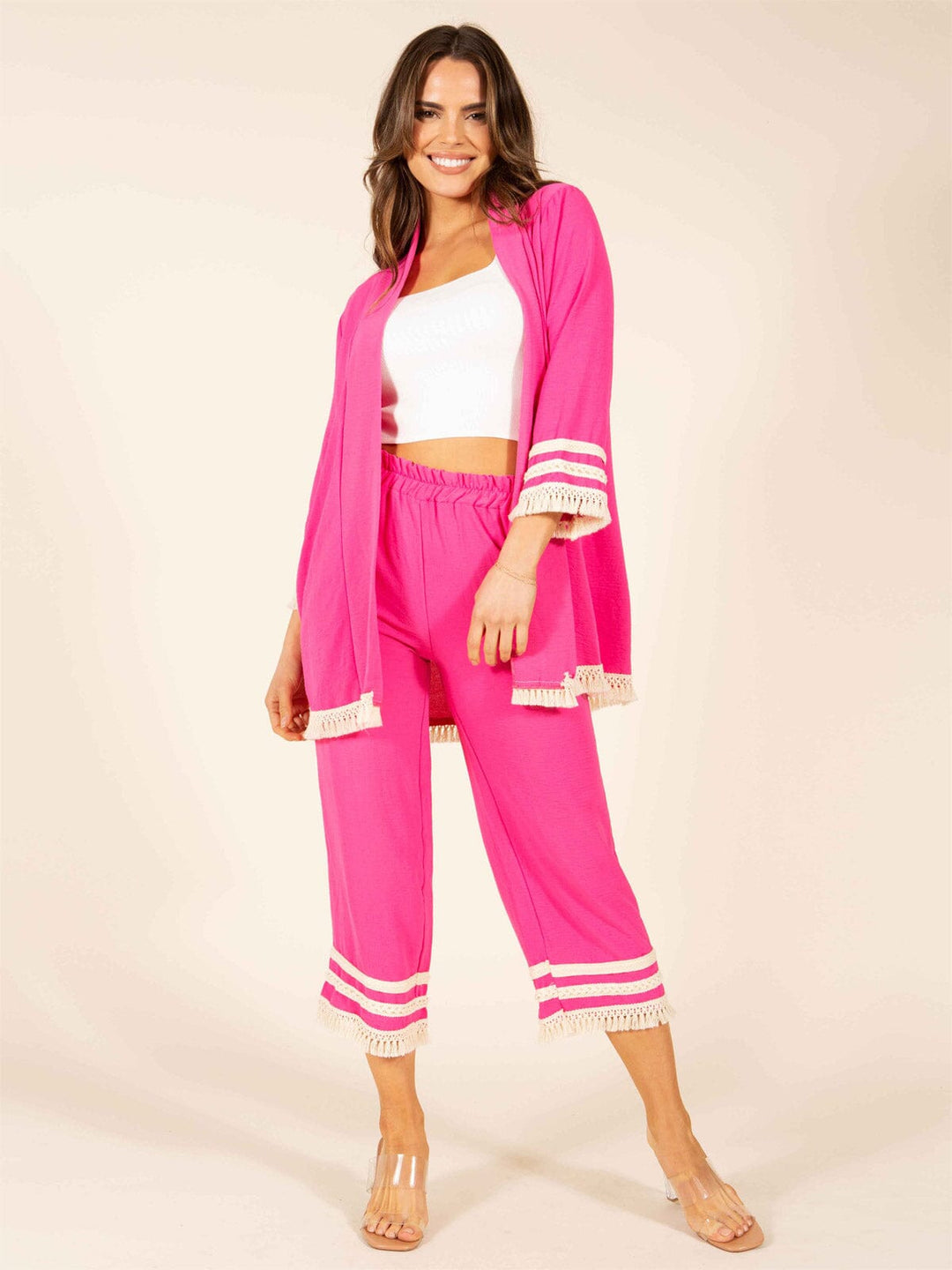 WOMEN'S 3/4 SLEEVES CARDIGAN & CROP PANTS TRIM DETAILED 2PC. SET