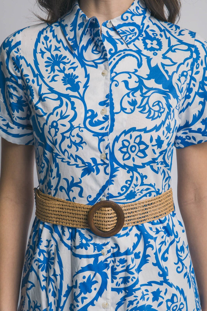 WOMEN'S SHORT SLEEVE BUTTON UP BELTED TIERED MULTI PRINT MIDI DRESS