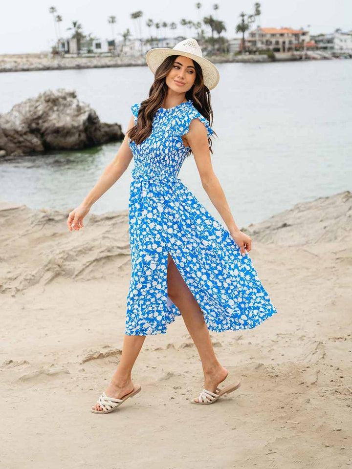 WOMEN'S SLEEVELESS MOCK NECK SMOCK FLORAL MIDI DRESS